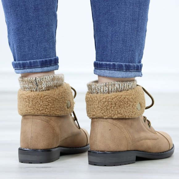 Sherpa Ankle Lined Combat Flat Heel Ankles Boots Tan Faux Leather - Picture 7 of 12